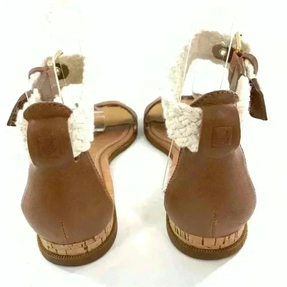 Sperry womens sandals size 5.5 brown leather nautical ankle strap cork wedges